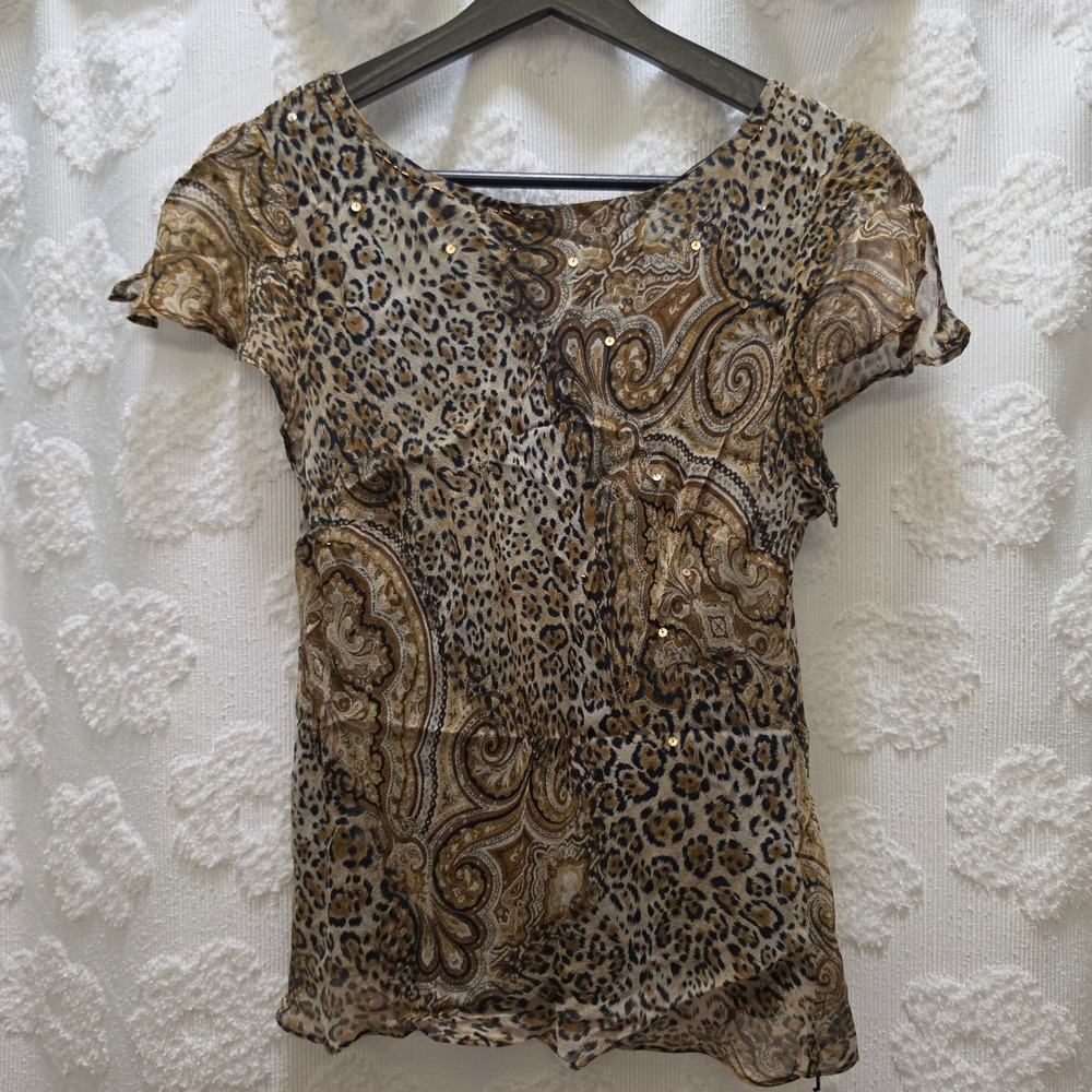 Vintage Robbie Bee 100% Silk Leopard Paisley Sequin Beaded Blouse Brown Black 12